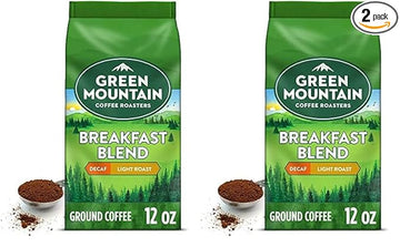 Green Mountain Coffee Roasters, Breakfast Blend Decaf, Ground Coffee, Decaffeinated, Light Roast, Bagged 12oz. (Pack of 2)