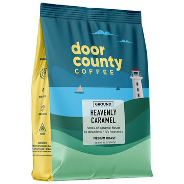 Door County Coffee, Heavenly Caramel, Sweet & Buttery Caramel Flavored Coffee, Medium Roast, Ground Coffee, 20 oz Bag