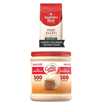Seattle's Best Coffee Post Alley Blend Dark Roast Ground Coffee (Pack of 3) & Coffee Mate Original Powdered Coffee Creamer