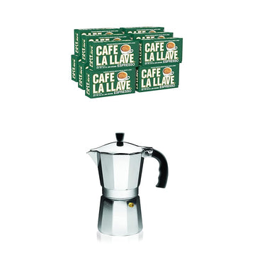Café La Llave Espresso Dark Roast Coffee, 8.8 Ounce (Pack of 12) and IMUSA USA Large Aluminum Stovetop 9-cup Classic Italian and Cuban Espresso Maker (B120-44V)