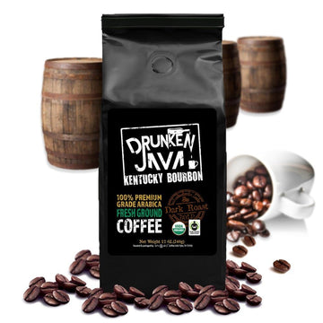 Kentucky Bourbon Dark Roast Ground Coffee - Organic Single Origin Fair Trade - Drunken Java - 12 oz Bag