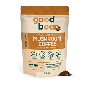 goodBean Mood and Immune Support Ground Coffee, Organic Arabica Coffee with Reishi & Chaga Mushrooms, Medium Roast, 12 Ounce Bag