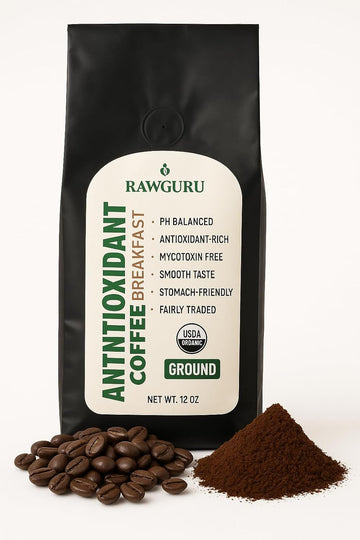 RawGuru Organic Antioxidant Coffee Breakfast Blend, Gluten-Free, Fairly Traded, Shade Grown and Rainforest Alliance Certified, Arabica Ground Coffee, 12 oz