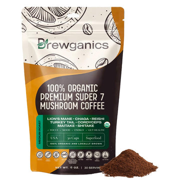 Premium Mushroom Coffee | USDA Organic | Lion's Mane, Chaga, Reishi, Turkey Tail, Cordyceps, Maitake, Shitake | Improvaed: Focus, Mood, Energy, Clarity, Digestion - 30 Servings (spoon included)