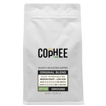 pH Adjusted Coffee by COpHEE - Ground Medium Roast - Smooth Non-GMO Arabica - Acid Neutralizing Electrolytes for Sensitive Stomachs, Acid Reflux, and Heartburn ~pH 6.5-32 oz Original Blend