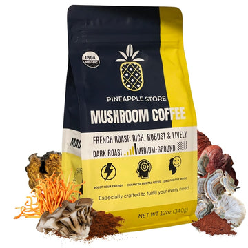 Mushroom Coffee Organic with Organic Lion's Mane Mushroom Chaga Mushroom & more 6 Mega Power 30 servings mushroom coffee mind Focus Bost Support energy coffee 12oz bag pineapple store