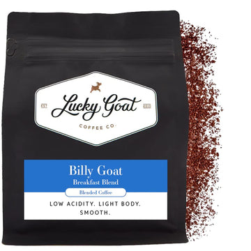 Lucky Goat Breakfast Blend Ground Coffee – Billy Goat – Light body, Low Acidity, Morning Cup, Smooth and Mild - Medium Roast, 12 Ounce Bag, Arabica