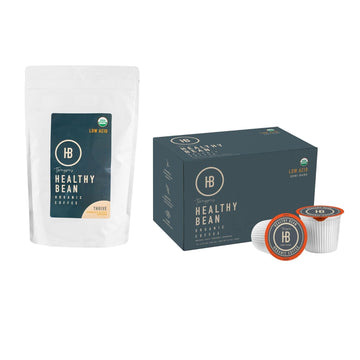 Healthy Bean Coffee Thrive Morning Blend - Organic Ground Coffee Medium Roast 11 oz and Low Acid Coffee Pods -Semi-Dark Roast, 12 Pack