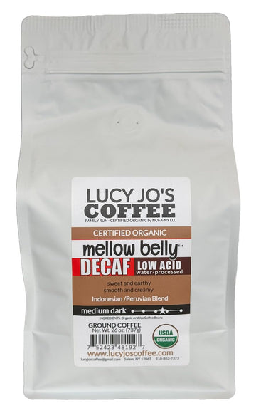 Lucy Jo's Coffee, Organic Decaf Mellow Belly Low Acid Blend, Medium Dark, GROUND, 26 oz