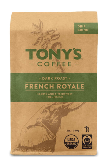 Tony's Coffee, French Royale (12oz), Dark Roast Ground Coffee, Organic and Fair Trade
