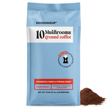 Shroomzup Ground Mushroom Coffee for Brewing - 10 Mushrooms Dark Roast - Lion's Mane, Reishi, Chaga, Turkey Tail, Cordyceps, Shiitake Mushroom Coffee for Energy and Focus - 13oz Bag