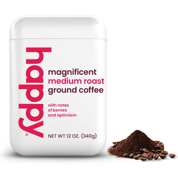 happy coffee medium roast ground coffee, 12 oz., notes of berries & optimism, recyclable container, grown & harvested in Brazil & Colombia, raíz sustainability verified