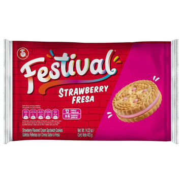 Festival Strawberry Cookies | Cream Strawberry Sandwich Cookies | Natural Dyes & Low Sodium | High Cream Content | 14.22 Oz (Pack of 1)