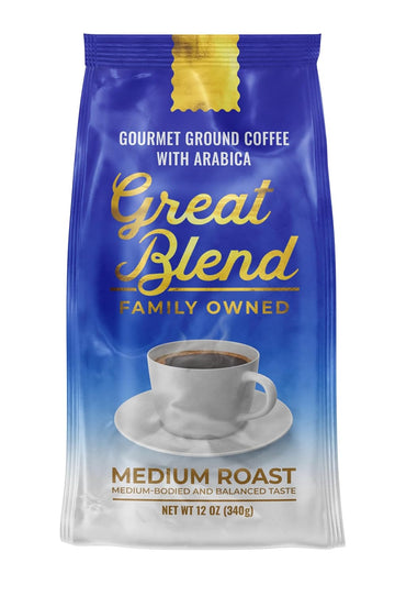 Great Blend Medium Roast Gourmet Ground Coffee with Arabica, Non-GMO 100% Pure and Natural Coffee, Medium Bodied And Balanced Taste,12 Ounce Bag