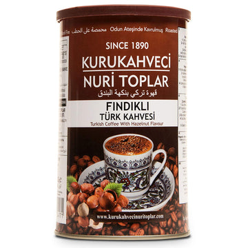 Kurukahveci Nuri Toplar Hazelnut Flavoured Turkish Ground Coffee Roasted in Wood Fire 250g Roller Metal Box