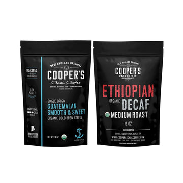 Organic Cold Brew Coffee - Guatemalan Coffee Beans - Ground, Medium Roast, 2lbs, and Organic Ethiopian Decaf Swiss Water Processed SWP, Ground Coffee, 12oz