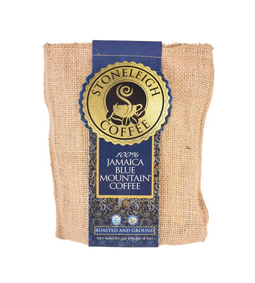 Stoneleigh Coffee – Grade A Jamaica Blue Mountain Coffee Premium Roasted & Ground - 8ozs – 100% Genuine Jamaican Product - Traditional Jamaican Crocus (Burlap) Bag Packed Ideal for Gifting