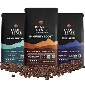 Peak State Coffee with Benefits, 3 Bag Variety Pack – Mushroom Coffee, Low Acid & Smooth, Immunity Boost, Brain Sustain & Stress Less, Organic Whole Bean Coffee, Gluten Free, 12 oz. Each