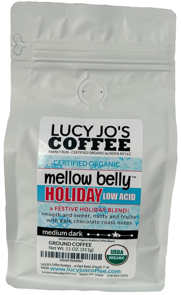 Lucy Jo's Coffee Roastery, Organic Mellow Belly Holiday Low Acid Blend, Medium Dark Roast, Ground, 11 oz