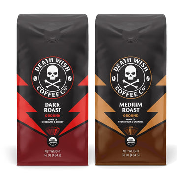 Death Wish Coffee Co. Ground Coffee Bundle, Includes 1 Pack of Dark Roast (16 oz) and 1 Pack of Medium Roast (16 oz)