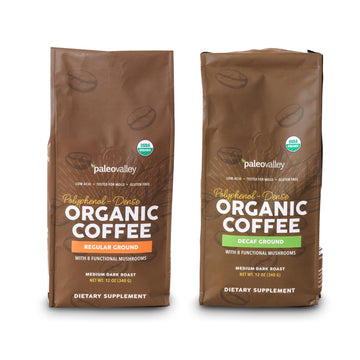 Paleovalley Organic Coffee Bundle – Regular + Decaf Ground Coffee – 2-Pack – Single-Origin, Low Acid, Mushroom Infused – Clean, Functional Daily Brew