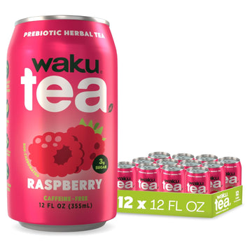WAKU TEA, Prebiotic Herbal Tea, Raspberry, Supports Digestive & Gut Health, Keto Friendly, Zero Added Sugar, 5g Fiber, Caffeine Free, Natural Sweetner, 12 pack, 12oz Cans
