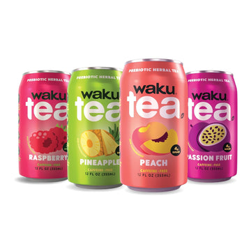 WAKU TEA, Prebiotic Herbal Tea, Variety Pack, Supports Digestive & Gut Health, Keto Friendly, Zero Added Sugar, 5g Fiber, Caffeine Free, Natural Sweetner, 12 pack, 12oz Cans