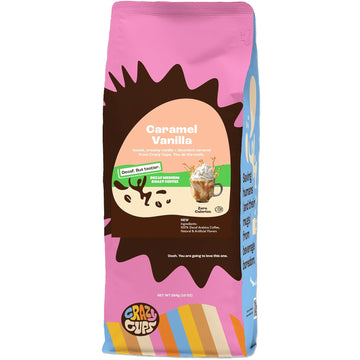 Crazy Cups Decaf Flavored Ground Coffee, Caramel Vanilla, in 10 oz Bag, For Brewing Flavored Hot or Iced Decaf Coffee