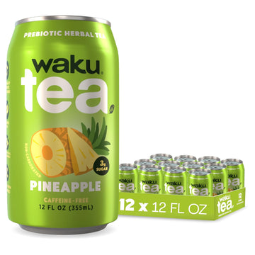 WAKU TEA, Prebiotic Herbal Tea, Pineapple, Supports Digestive & Gut Health, Keto Friendly, Zero Added Sugar, 5g Fiber, Caffeine Free, Natural Sweetner, 12 pack, 12oz Cans