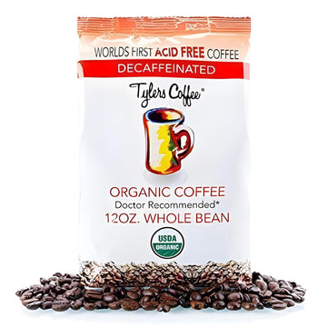 Tyler’s Acid Free Organic Whole Beans - 100% Arabica Full Flavor Decaf - For Acid Free Diets - Natural and Organic Blend for Common GI Issues-12 oz