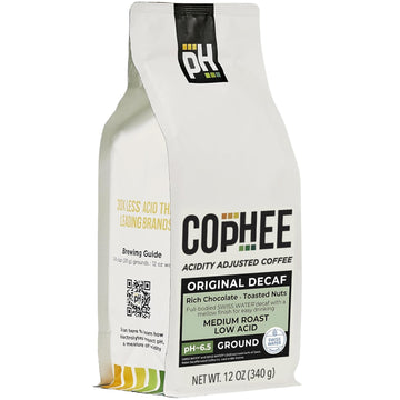 Low Acid Coffee - Decaf - Ground Medium Roast - Smooth Non-GMO Arabica Coffee - Electrolyte Infused for Sensitive Stomachs, Acid Reflux, and Heartburn ~pH 6.5-12 oz Original Decaf by COpHEE