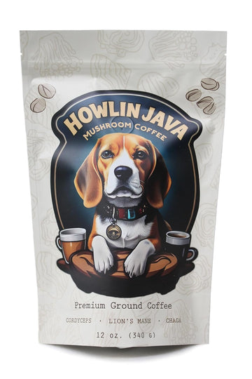 Howlin Java Mushroom Coffee, Premium Ground Coffee with 1 gram each of Lion's Mane, Chaga, and Cordyceps. Increase Energy, Focus, and Immunity with our Adaptogenic blend! 28 servings
