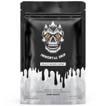 Shilajit Coffee - Immortal Drip, Organic Dark Roast Ground Coffee, Himalayan Shilajit-Infused, High-Caffeine, Vitamins - Fulvic Acid & 85+ Minerals