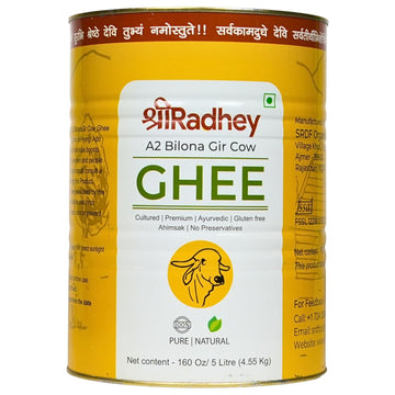 SHREE RADHEY A2 Bilona Gir Cow Ghee | 5 Litre | Traditional Bilona Method | Cultured | Premium | Immunity Booster | Pure | Natural | Healthy | Lactose and gluten free | Keto Friendly | Food Grade TIN