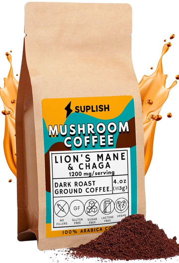 Mushroom Coffee Ground Coffee Dark Roast with Lions Mane Supplement & Chaga - by SUPLISH - 4 oz