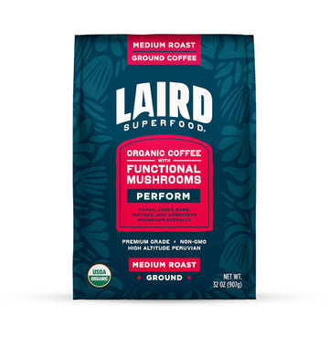 Laird Superfood Peruvian Medium Roast Coffee with Functional Mushrooms, Certified Organic Peruvian Ground Coffee Beans, Gluten-Free, Dairy-Free, Non-GMO, Paleo, Keto Friendly, 32 oz. Bag