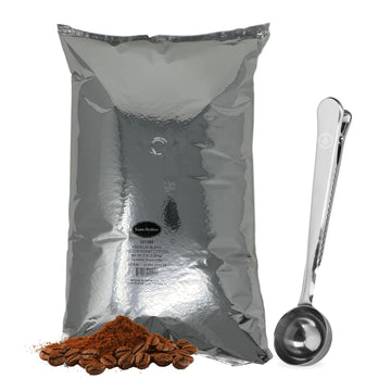 Farmer Bros Premium 100% Arabica Ground Coffee – Medium Roast, 5-lb Bag with Nutty & Chocolatey Notes – Includes Direct Coffee Tea Est 2019 Barista Spoon with Clip
