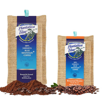 Plantation Blue Jamaica Blue Mountain Coffee Bundle – 8oz Dark Roast Whole Beans & 1lb Medium Roast Ground