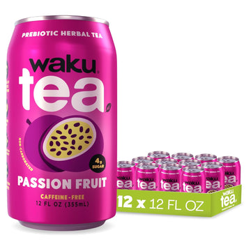 WAKU TEA, Prebiotic Herbal Tea, Passion Fruit, Supports Digestive & Gut Health, Keto Friendly, Zero Added Sugar, 5g Fiber, Caffeine Free, Natural Sweetner, 12 pack, 12oz Cans