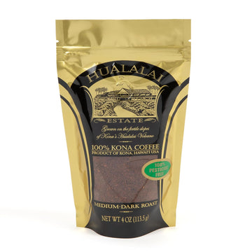 Hualalai Estate 100% Pure Kona Ground Coffee - Medium Dark Roasted Hawaiian Grown Beans - Pesticide-Free Gourmet Grade Premium Coffee (4 oz)