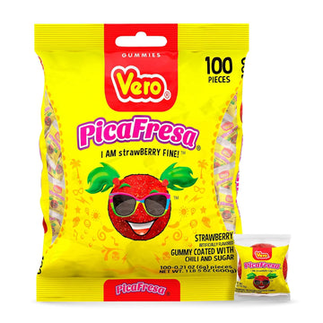 Vero PicaFresa - Strawberry Flavored Chewy Gummy Candy Treats - 100 Piece - (1 LB, 5.15 Ounces Each) - Individually Wrapped Mexican Candy Perfect for Piñatas, Halloween, and More