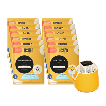 Hooked Coffee Premium Portable Pour Over Drip Coffee Singles, 100% Specialty Arabica Coffee, Medium Roast Decaf, Colombia SWP Single Origin, Single Serve Drip Bags - 12 Pack