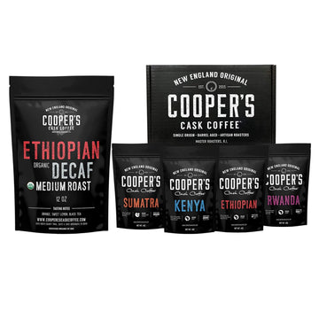 Gourmet Coffee Sampler Gift Box Set - Ground Coffee - 4 bags - 1lb Total and Organic Ethiopian Decaf Swiss Water Processed SWP, Ground Coffee (12oz Ground)