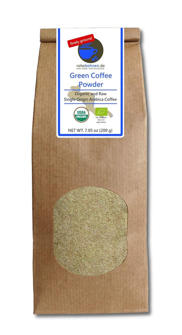 Green Coffee Powder organic, 100% pure and natural (finely ground, 200g) - GMP certified