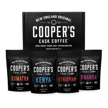 Gourmet Coffee Sampler Gift Box Set, Roasted Coffee Beans, Sumatra Dark, Kenya AA Medium-Dark, Rwanda Medium, Natural Ethiopian Light, Whole Bean, 4 Bags, 16 oz Total