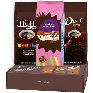 Perfect Samplers Flavored Ground Coffee Gift Box Variety Pack, M&M, Dove, Death by Chocolate Coffee Medium Roast Ground Coffee Sampler, 3 Pack