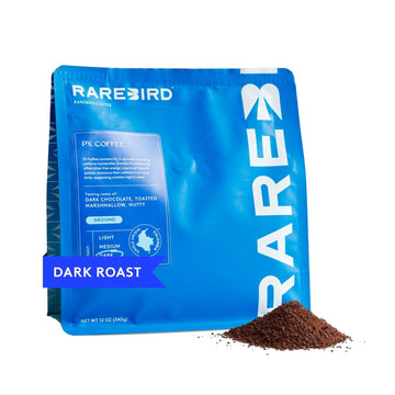 Rarebird Px Coffee – Award-Winning Dark Roast with Paraxanthine | Low Acid Single-Origin Decaf Coffee | Smoother Energy, Enhanced Focus, Better Sleep | Ground, 12oz (56 Servings)