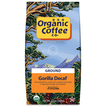 Organic Coffee Co. Gorilla Decaf Ground Coffee 12 Ounce Medium Light Roast Natural Water Processed Decaffeinated USDA Organic