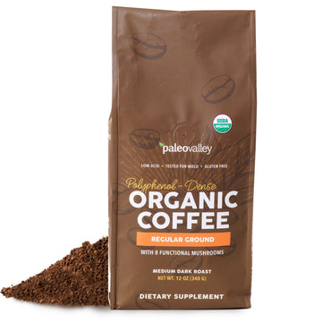 Paleovalley Organic Ground Coffee, 12oz - Regular, Low Acid, Single-Origin, Polyphenol-Rich, Infused with Mushrooms & Coffee Fruit Extract