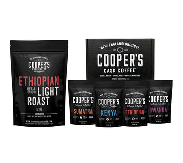 Gourmet Coffee Sampler Gift Box Set (Sumatra Dark, Kenya AA Medium-Dark, Rwanda Medium, Natural Ethiopian Medium-Light) and Ethiopian Bright Light Roast Grade 1 Whole Coffee Bean 12oz Bag